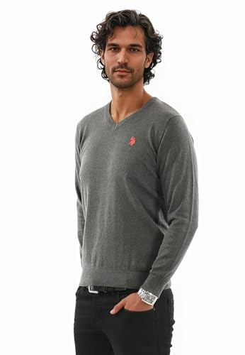 U.S. Polo Assn. Herren Pullover (M-3XL) Classic Fit V-Neck Langarm Casual Sweatshirt P006 - Anthrazit-Melange-Rot Größe XL - Gr.XL