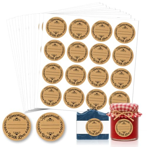 GOMAKERER 320 Stück Aufkleber Mit Liebe Selbst Gemacht, Runde Selbstgemachte Kraft Etiketten Etikettenaufkleber Für Einmachgläser Selbstklebende Verpackungsaufkleber Für Kekstüten Geschäftsgeschenke