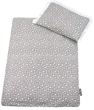 Rawstyle 4 TLG. Set Bezug (Weiß + Sterne Grau) für Kinderwagen 70x50 cm Garnitur Bettwäsche Decke + Kissen + Füllung (Design 1)