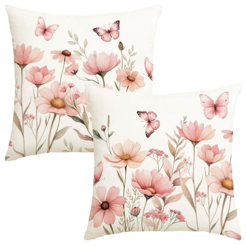 Avalune Kissenbezug 50x50 Frühling Leinenoptik Blumen Rosa Kissen Sofakissen Bezug Sommer Outdoor Kissenhülle Polsterbezug Dekorative Schmetterling Zierkissenbezüge für Garten Balkon，2er Set