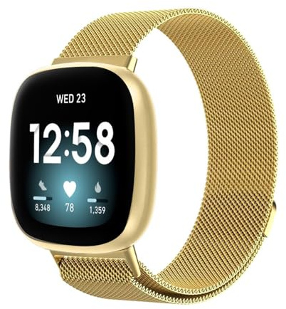Koelaa Metall Armband für Fitbit Versa 3/Versa 4/Sense 2/Sense, Männer und Frauen Atmungsaktiv Ersatzarmband, Gewebte Mesh Metall Uhrenarmband, Magnetisch Ersatzarmband - Gold