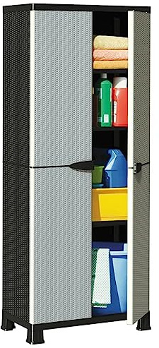 Owoxanthellate Kunststoffschrank 68x39x171,5 cm Grau Rattan Design Allzweck Hochschrank mit 4 verstellbaren Einlegeböden abschließbar für Flur Büro Werkstatt Balkon