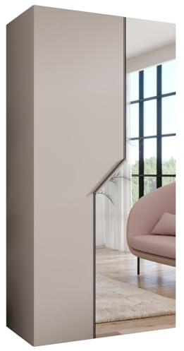 MEBLE KRYSPOL - Kleiderschrank - Garderobenschrank - 100 cm x 202 x 52 cm - Schrank mit Kleiderstange und Spiegel, 2 Türen - für Schlafzimmer, Flur - Andrew, Kaschmir, Griff Kaschmir
