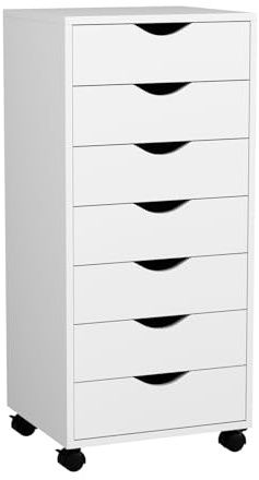 VOWNER Cajonera con 7 cajones, armario móvil debajo del escritorio, armario de cajones estrecho, contenedor de oficina con 4 ruedas, mesa de impresora para hogar y oficina, 35 x 40 x 87 cm (blanco)