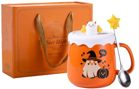 Taza de Halloween con cuchara y tapa de taza de café, taza de calabaza de cerámica con caja de regalo, taza de Halloween, taza de calabaza, taza de fantasma espeluznante, regalo para cumpleaños, 420