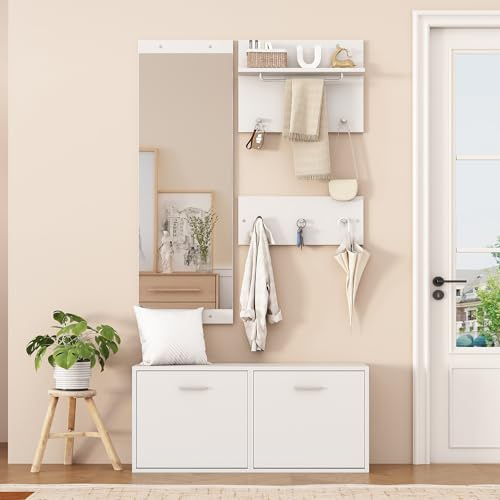 kowdom Lot de 4 garde-robes blanches avec miroir et armoire à chaussures – Portemanteau de couloir avec 6 crochets et banc, porte-manteau compact pour couloir, couloir, appartement, porte-vêtements et