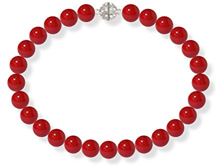 Schmuckwilli Perlenkette für Damen Magnetverschluß - mit roten runden Perlen - Elegante Kette mit Muschelkernperlen für jeden Anlass - die Halskette - Choker Pearl Necklace für Frauen
