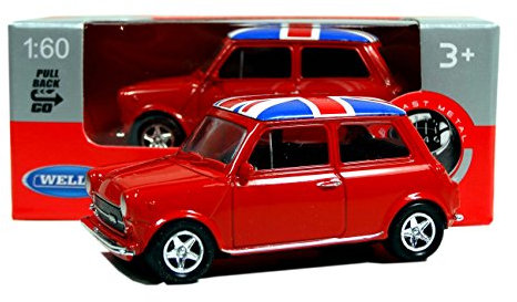 Welly Mini Cooper Mini Model (Red) with Union Jack Top Made of Die Cast Metal and Plastic Parts, Pull Back & Go Action Toy