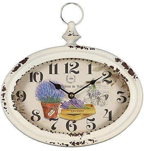 linoows Wanduhr im Metallgehäuse mit Lavendel Darstellungen, Rustikale Landhaus Uhr