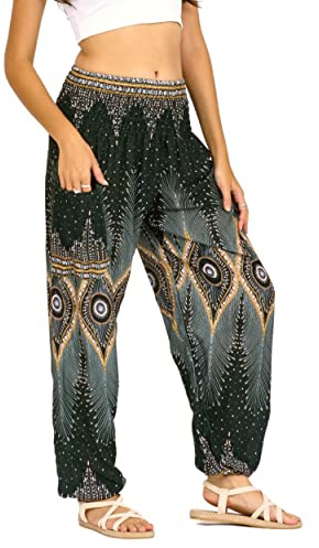 Lofbaz Harem Pants for Women Yoga Boho Hippie Clothing Womens Palazzo Bohemian Pajama Trousers Beach Indian Gypsy Genie Clothes - Floral 2 Dark Green XL