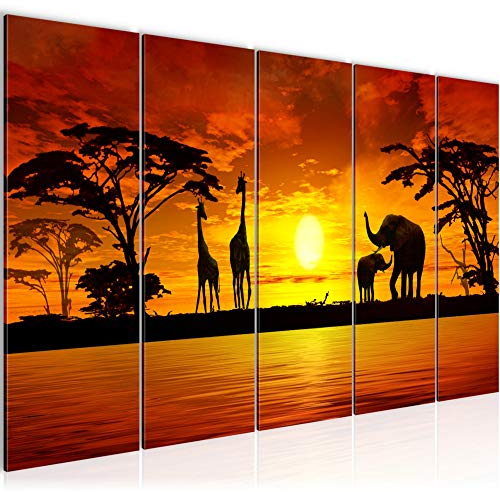 Runa Art Wandbild XXL Afrika Sonnenuntergang Wohnzimmer Schlafzimmer 200 x 80 cm Grau Orange 5 Teilig - Made in Germany - 000255a