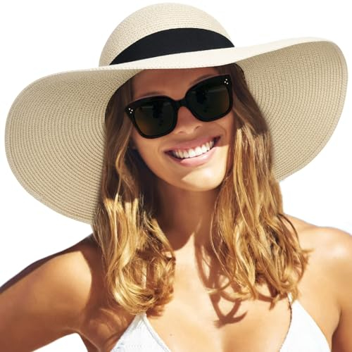 FURTALK Womens Sun Straw Hat Wide Brim UPF 80 Summer Hat Foldable Roll up Floppy Beach Hats for Women, Beige+Black Ribbon, M-L