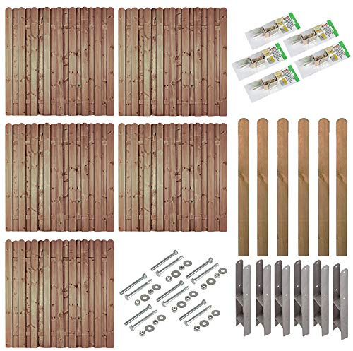 Sichtschutzzaun Holz Bochum Komplettset – 5 Zaunelemente 180x180 cm + 6 Pfosten 9x9x190 cm inkl. H-Pfostenträger & Montagematerial, ca. 9,5 m
