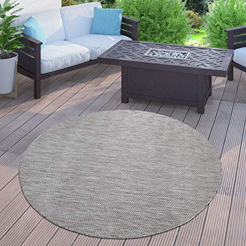 Paco Home Outdoor Teppich Flachgewebe Sisaloptik Modern Einfarbig meliert wetterfest & pflegeleicht Küchenteppich Ideal für Terrasse Balkon Garten, Grösse:200 cm Rund, Farbe:Grau