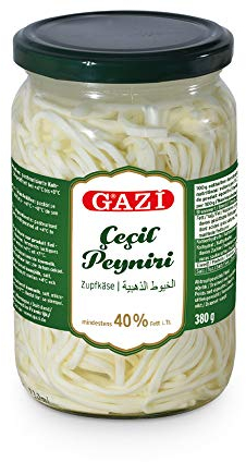 Gazi Zupfkäse - 2x 380g Glas - Kuhkäse Käse Cecil Peyniri eingelegt fein geschnitten handgearbeitet 40% Fett i. Tr. aus 100% Kuhmilch mild mikrobielles Lab vegetarisch glutenfrei Halal