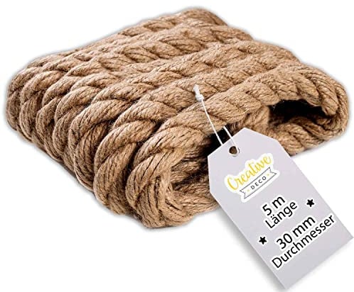 Creative Deco 5m Cuerda de Yute | 30mm de Grosor | Cuerda Fuerte Y Duradera | Trenzada | Color Marrón Natural Jardinería, Decoración De Interiores, Proyectos De Bricolaje Y Artesanía