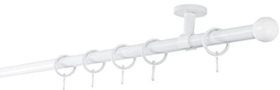 ondeco Gardinenstange auf Maß 20mm Ball 1-lauf Vorhangstange Deckenträger 4cm Stilgarnitur mit Ringen für Vorhänge 160cm Weiß