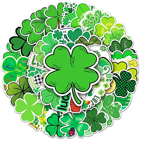 Green Four-Leaf Clover Stickers for Boys Girls Teens Kids, Waterproof Vinyl Stickers for Laptop Hydroflasks Luggage Cup Phone Water Bottles Notebook Tablet Car Bike,Cartoon Decals Pack[Clover -50Pcs]