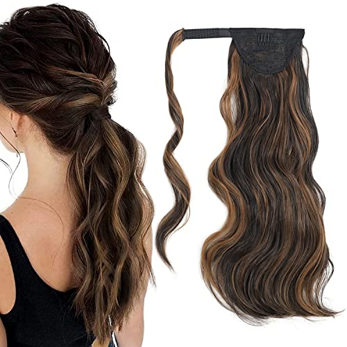 FAELBATY Clip in Pferdeschwanz Haarverlängerungen Lange Lockige Welle Magic Paste Wrap Around Pferdeschwanz Haar für Frauen Balayage Dunkelbraun zu Kastanienhaar Pferdeschwanz Haarteil (20 H2/426)