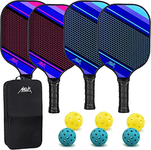 Raquette Paddle de Pickleball AKLOT 4 Raquettes de Pickle Ball Raquettes en Fibre de Carbone pour Femmes et Hommes Jouer à l'intérieur ou à l'extérieur avec 6 balles, Sac de Transport