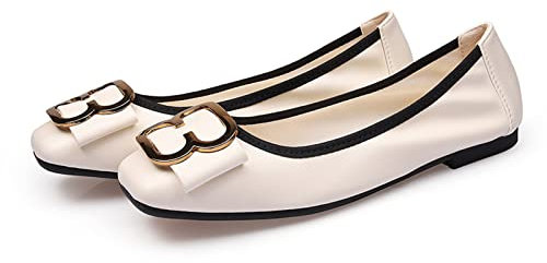 MACHSWON Womens Fold up Pumps Casual Roll up Shoes Square Toe Mental Buckle Slip on Loafers Dressy Flats Dolly Shoes(White, Size 8.5)