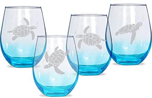 Weingläser ohne Stiel, 4er-Set – Schwimmende Meeresschildkröten-Sortiment, farbige Weingläser, Rot-Weißweingläser, Weihnachtsgeschenkbox für Schildkrötenliebhaber, Geburtstagsparty