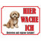 INDIGOS UG - Maltipoo - Schild bedruckt - Hier wache ich - Aluverbundplatte weiß - ab 20x15 cm - Spruch - Deko Geschenkidee für Ihren Hund - Zaun - Türschild