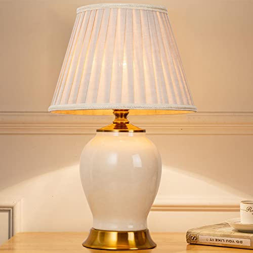 Mengjay Keramik Tischlampe Tischleuchte Nachttischlampe,Nachttisch Lichtdekoration Schreibtischleuchten,Stoff Lampenschirm Schlafzimmer Tischleuchte Beleuchtung,Leselampe (Weiß)