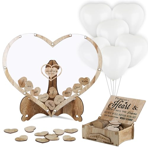 BOFUNX Hochzeit Gästebuch Holz Alternative Hochzeitsgästebuch, 80 Holzherzen, 20 Herzballons, Aufbewahrungsbox, Personalisiert Hochzeitsdeko Set Hochzeitsgeschenke