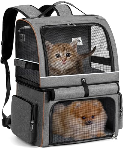 Lekespring Zaino 2 Gatti a Doppio Strato per 2 Gatti,Zaino per Cani Grande,Trasportino per Gatti Domestici Pieghevole,Adatto per Cani e Gatti Fino a 11 kg - per Passeggio,Viaggio,Trekking,Grigio