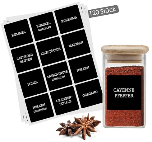 Gewürzetiketten Selbstklebend – 120 Sticker für Gewürzgläser & Gewürzdosen - Wasserfeste Gewürzaufkleber - Spice Jar Label - Beschriftete Etiketten für Küchenorganisation - Quadratisch Schwarz