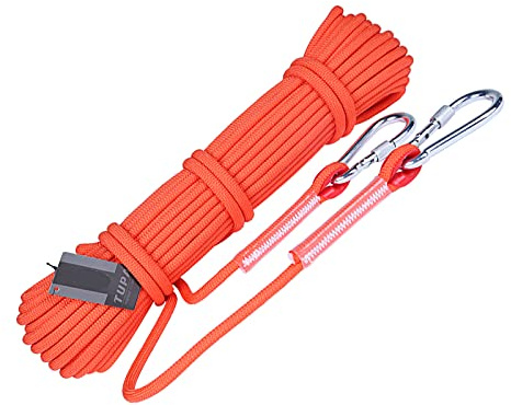 Climbing rope Orange 6mm/8mm/9.5mm/12mm，Outdoor Adventure Safety Protection Rope，Climbing Rope Fireproof Nylon Rope Rappelling Rope，High-strength Life-saving Static Rope，With Carab(Size:30M,Color:6MM)
