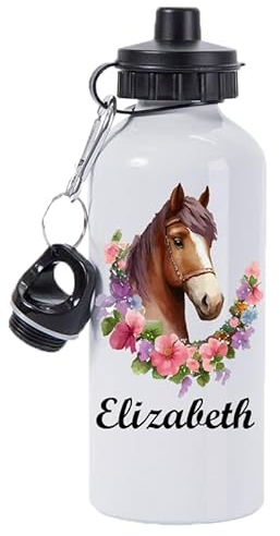 Pickhut Horse water bottle personalised with name pony horse riding gift for girl 600ml water bottle school equesterian gift for her (Design 1)