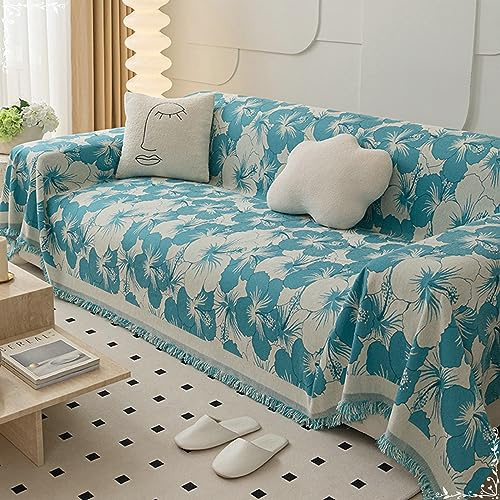 Mesnt Sofabezug Anti Tierhaare, Chenille Sofaüberwurf Decke Couch mit Blumenmuster Blau, 180x130CM