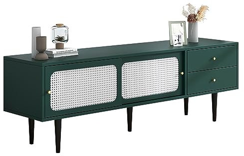 kubeier TV Lowboard Vintage Fernsehschrank 160 cm TV Schrank Holz mit 2 Schubladen, 2 Rattan-Schiebetüren, 4 Fächer mit beweglichem Laminat, Fernsehtisch für Wohnzimmer Büro