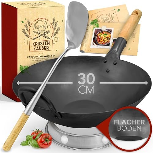 KRUSTENZAUBER 30cm Wokpfanne Induktion Voreingebrannt - Traditionelle Stahlwokpfanne Mit Wender und Ring - Pfanne, Induktion, Woklette, Zubehör, Carbon Steel Karbonstahl