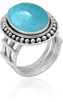 Veracity Jewelry 925 Sterling Silver Gemstone Statement Rings – Gift For Birthday Wedding Anniversary Mother's Day Ring – Vintage Boho Style Handmade Gifts (Amazonite)