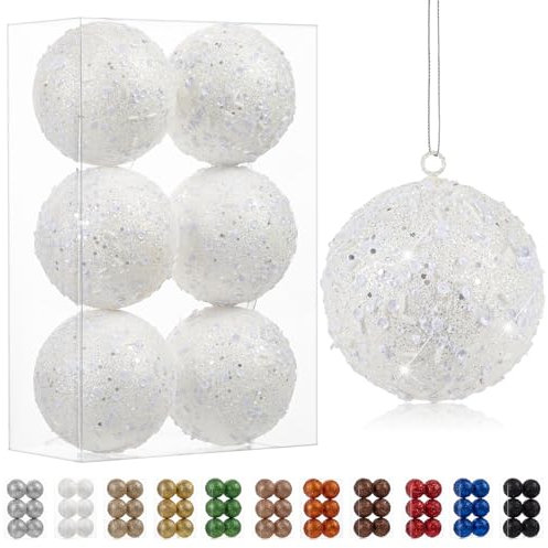 Oairse Palline di Natale grandi, 10 cm, 6 pezzi, infrangibili, bianche, per albero di Natale, glitter, decorazioni per albero di Natale, vacanze, matrimoni, feste