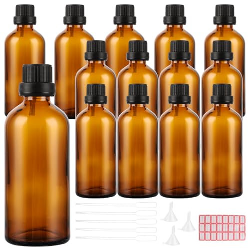 SHUESS 15er Pipettenflasche 100ml Set aus Braunglas - Wiederverwendbar Flasche mit Pipette and Schraubverschluss – Auslaufsichere Braunglasflasche für ätherische Öle, Parfümöle, Kosmetik, Reisen & DIY