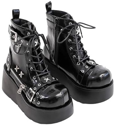 OUBOSI Damen Goth Plattform Stiefeletten Mode Schnalle Zip Niet Punk Keile High Heels Frauen Stiefel Party Straße Frau Schuhe,black,37