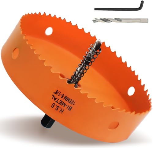 155mm Hole Saw, 6-1/8'' HSS Bi-Metal Hole Cutter with Arbor, Cutting Depth 32 mm, Hole Saw Drill Bit for Cutting Wood, Plywood, Plastic, Drywall, Thin Metal Sheets (with 1 spare drill)