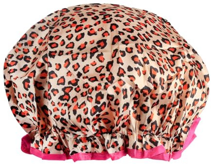 Luckious Reusable Shower Cap Double Layer Waterproof Adult Double Layer Waterproof Shower Cap Kitchen Makeup Head Cover for Hair Washing and Bathing（Leopard print with red trim）
