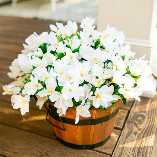 Artificial Faux Plants Flowers for Outdoors, 3 Bundles Fake Silk Azalea Bouquet Fall Flowers Indoor Decoration UV Resistant Realistic Fake Flowers for Outside Planter Patio Garden Walkways Home, White
