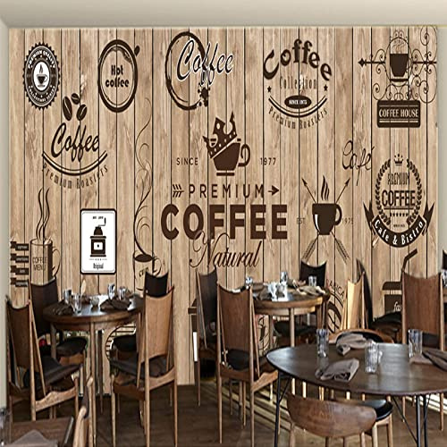 Vintage Wood Grain Wallpaper with Coffee Icon Letters Murals Retro Wall Art Print for Dining Room & Kitchen Decor 430 x 300 cm