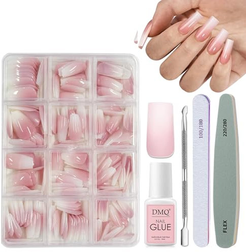 DMQ Square Ombre False Nails Kit with Glue, 240Pcs Natural Gradient Pink Fake Nails, Acrylic Press on Nails Pink Tips, 12 Sizes Glossy Full Cover Stick on Nail for Women Girls Nails Art