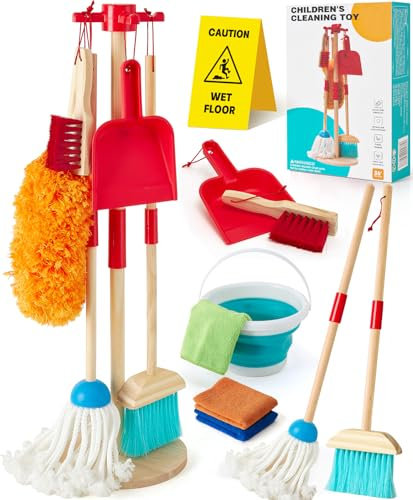 Atoylink Set Limpieza Juguete de Madera para Niños, 9 Piezas Juego de Limpieza con Escoba Recogedor Fregona Cepillos, Juguetes Educativos para Niños 3 4 5 6 Años