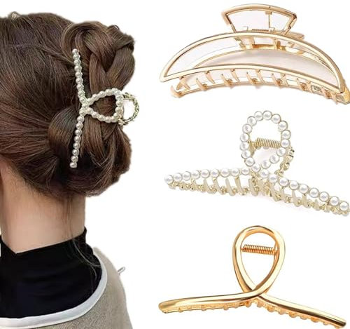 Haarklammer Groß 3er-Pack Haarklammern für Dickes, Schweres Haar, Haarklammer Gold Perlen-Haarklammern Haar-Accessoires Damen Groß Für Frauen Und Mädchen
