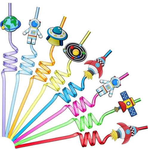Yisquar Universum Weltraum wiederverwendbare Trinkhalmstrohe 8 Sets Rakete Astronaut Halmstrohe für Kinder Weltraum Astronaut Planeten Rakete Satelliten Thema Geburtstagsfeier Dekorationen Zubehör
