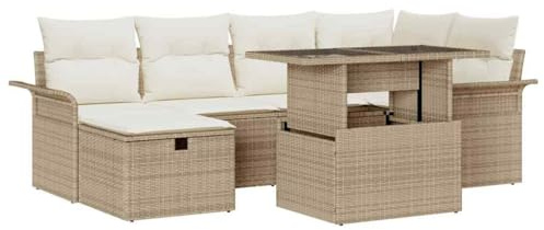 vidaXL 7-teiliges Gartensofa-Set mit Kissen in Beige aus Poly-Rattan – Flexibles modulares Gartenmöbel-Set für Deine Terrasse oder Lounge