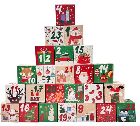 HERZWILD Adventskalender zum Befüllen Box 24 Adventskalender Schachteln Weihnachtskalender Geschenkboxen Karton zum Aufstellen Weihnachten Deko Kästchen (B)